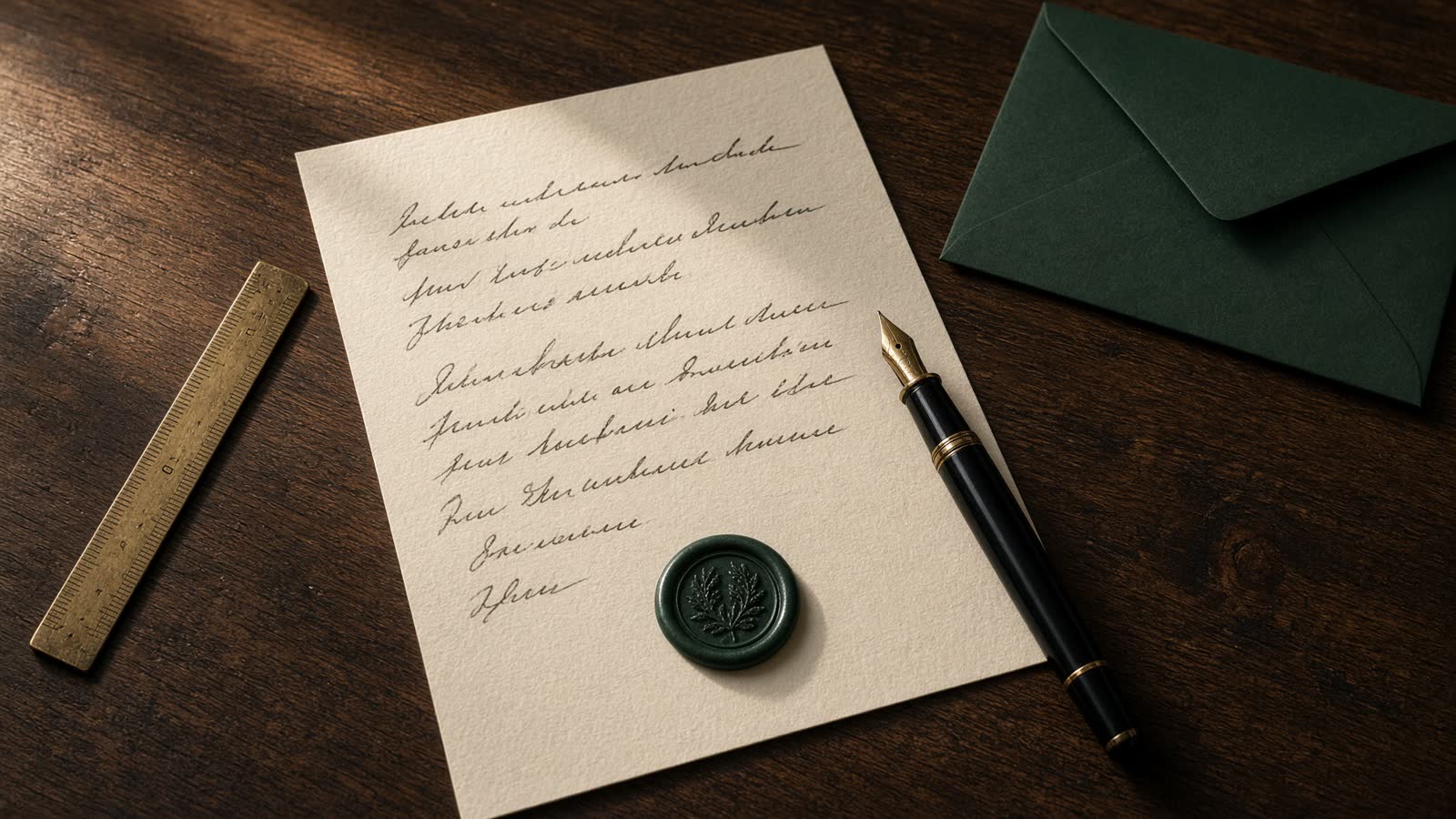 A cream letter with a pine wax seal on a walnut desk